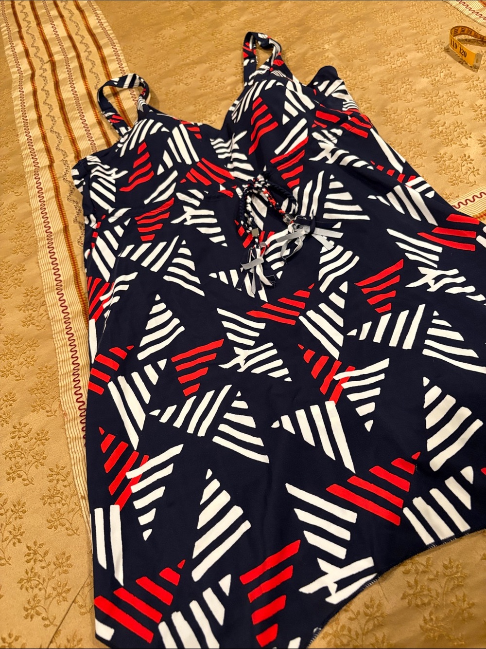 D&Co Beach Swimsuit with Red & White Graphic Stripes, Brand New, Nylon Blend, 14